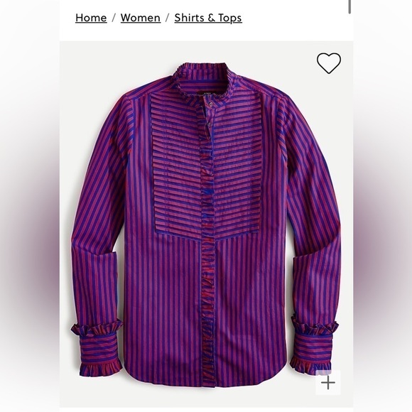 Jcrew tuxedo stripe ruffle blouse button down black and deep red/ plum small - Picture 1 of 7